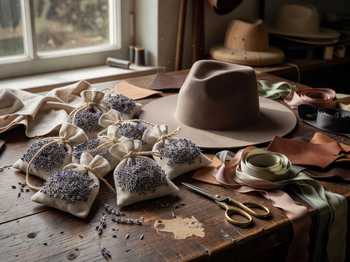 Macro photography highlighting organic linen weaves and dried lavender sachets