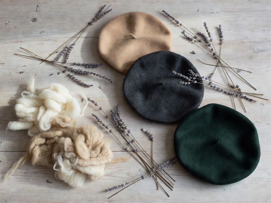 Botanical flatlay featuring raw wool, dried lavender stems, and luxury berets