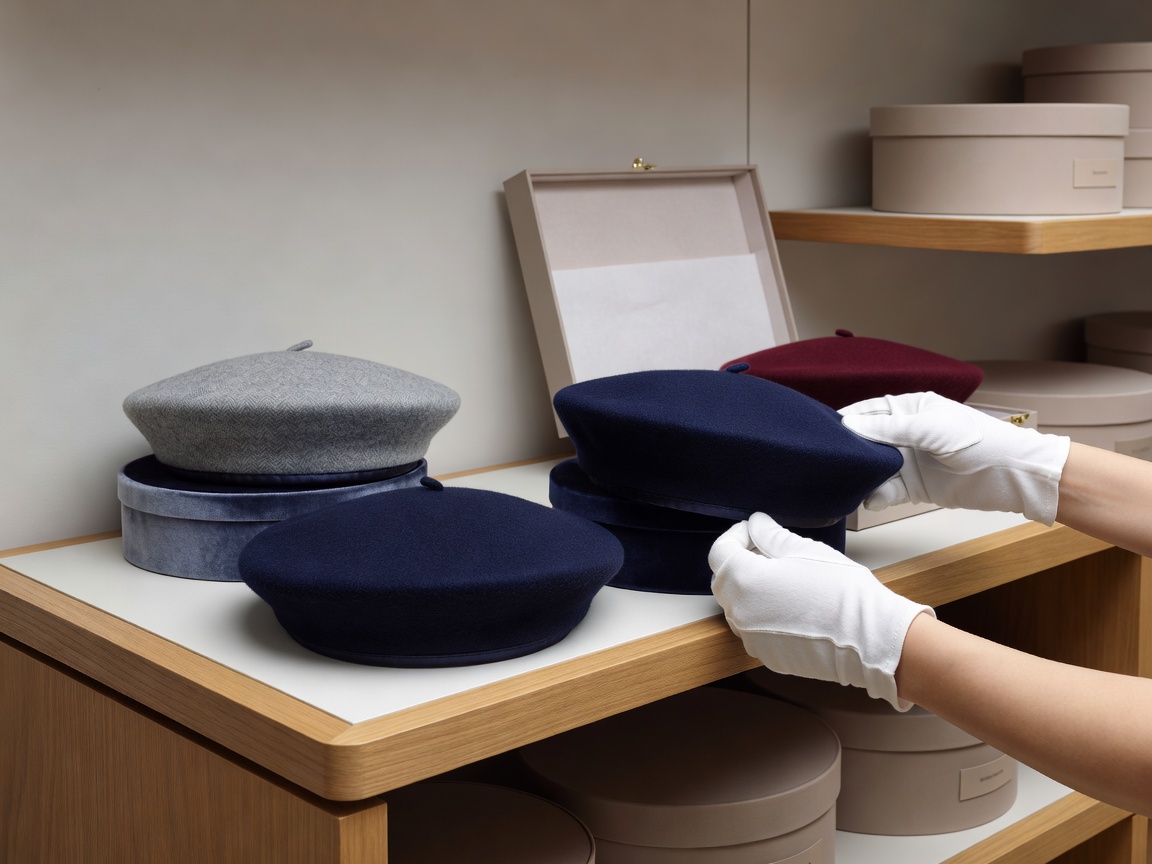 Careful preservation and handling of luxury berets in studio wardrobe setting
