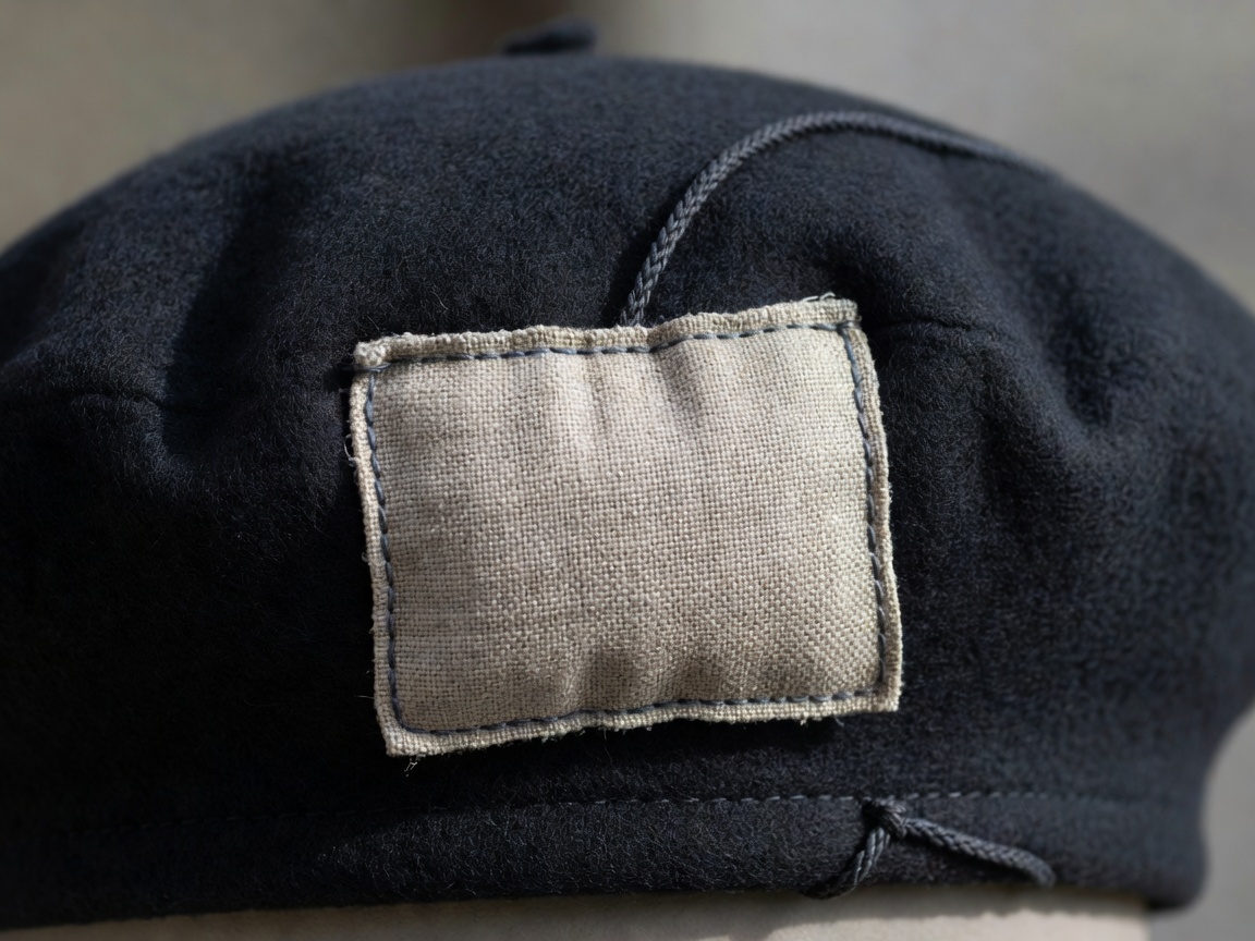 Detailed close-up photo of sachet accessory integrated into dark woolen beret