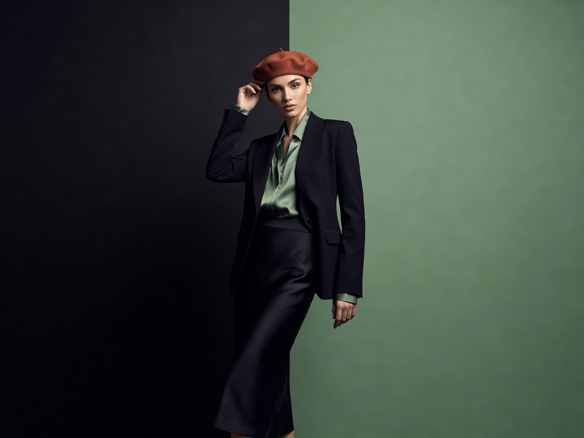 Editorial model wearing terracotta beret paired with deep onyx and sage green studio backdrop