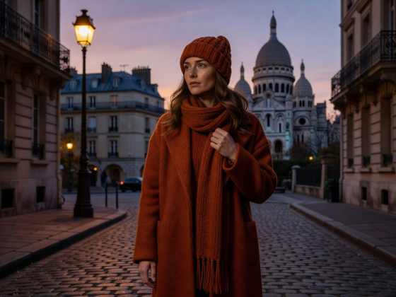 Editorial spotlight image featuring warm autumn wools and dusk lighting in Montmartre
