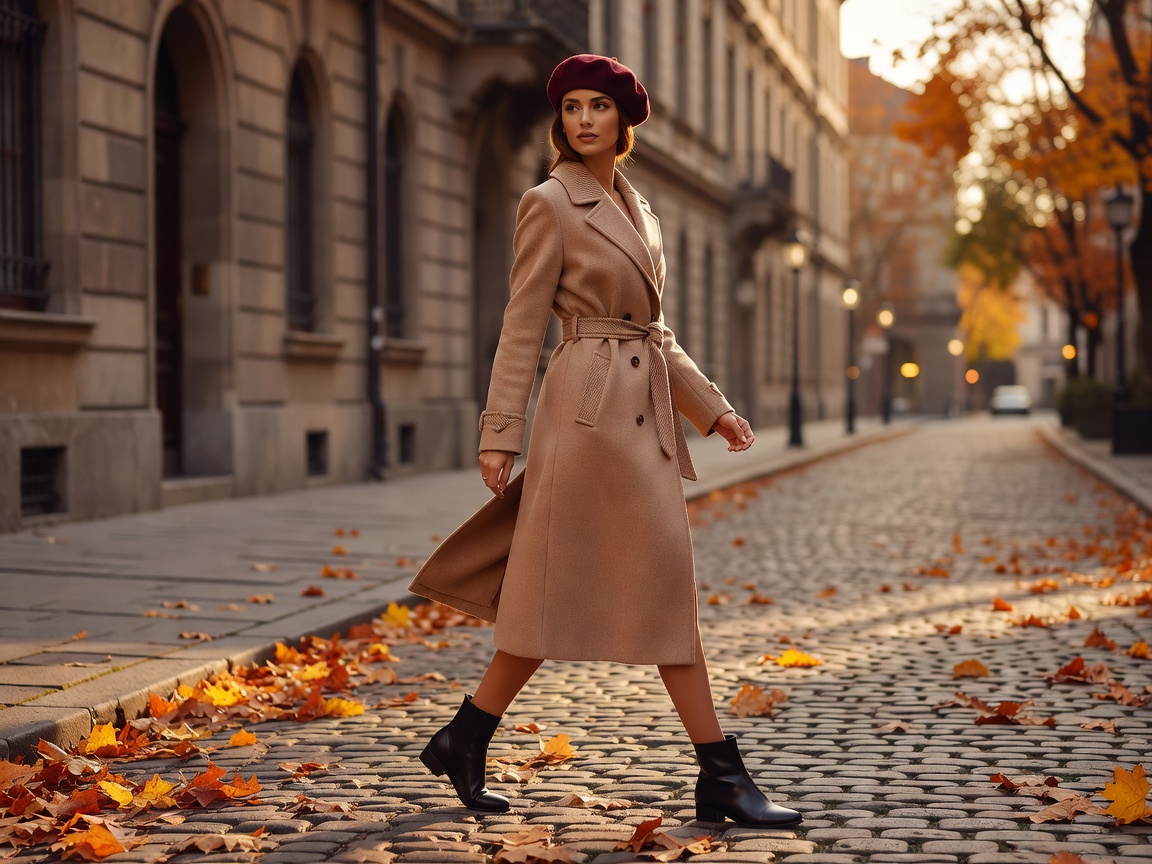 Editorial street style shot highlighting autumn fashion coat and beret combination