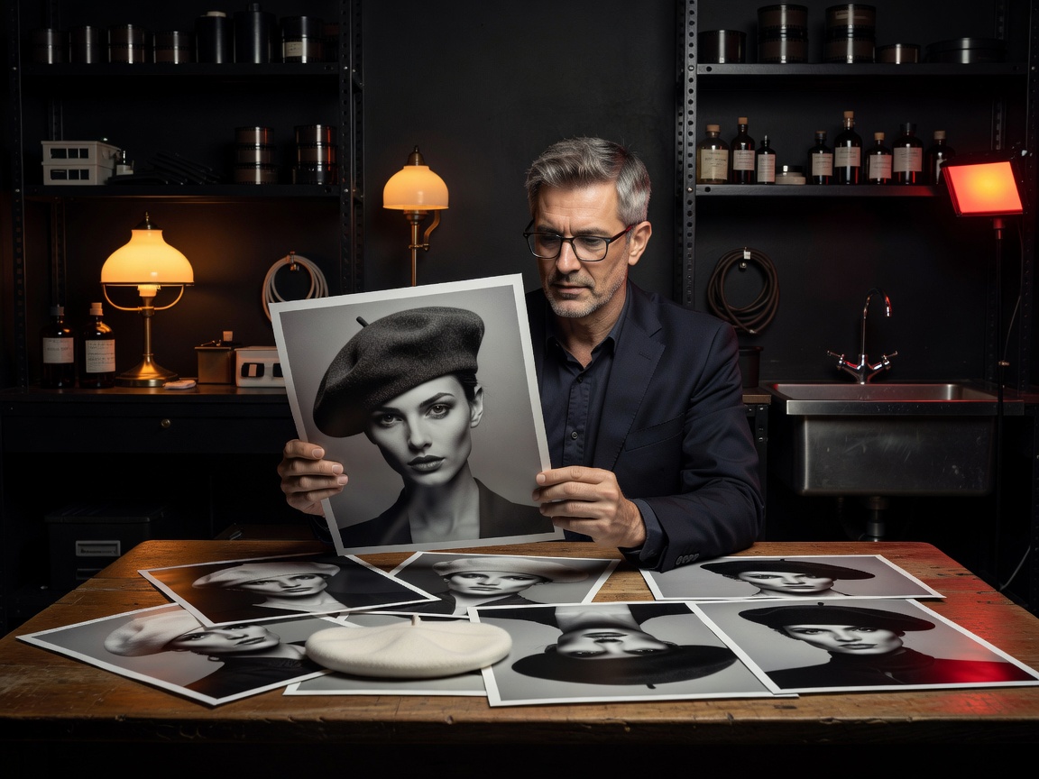 Fine art photographer reviewing high-fashion beret portraits in onyx darkroom studio