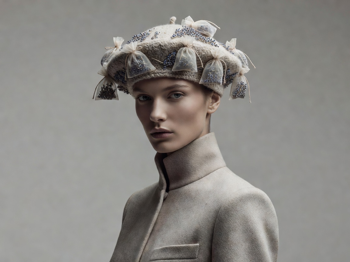 High-fashion model wearing a handcrafted woolen beret with lavender dried sachet accents