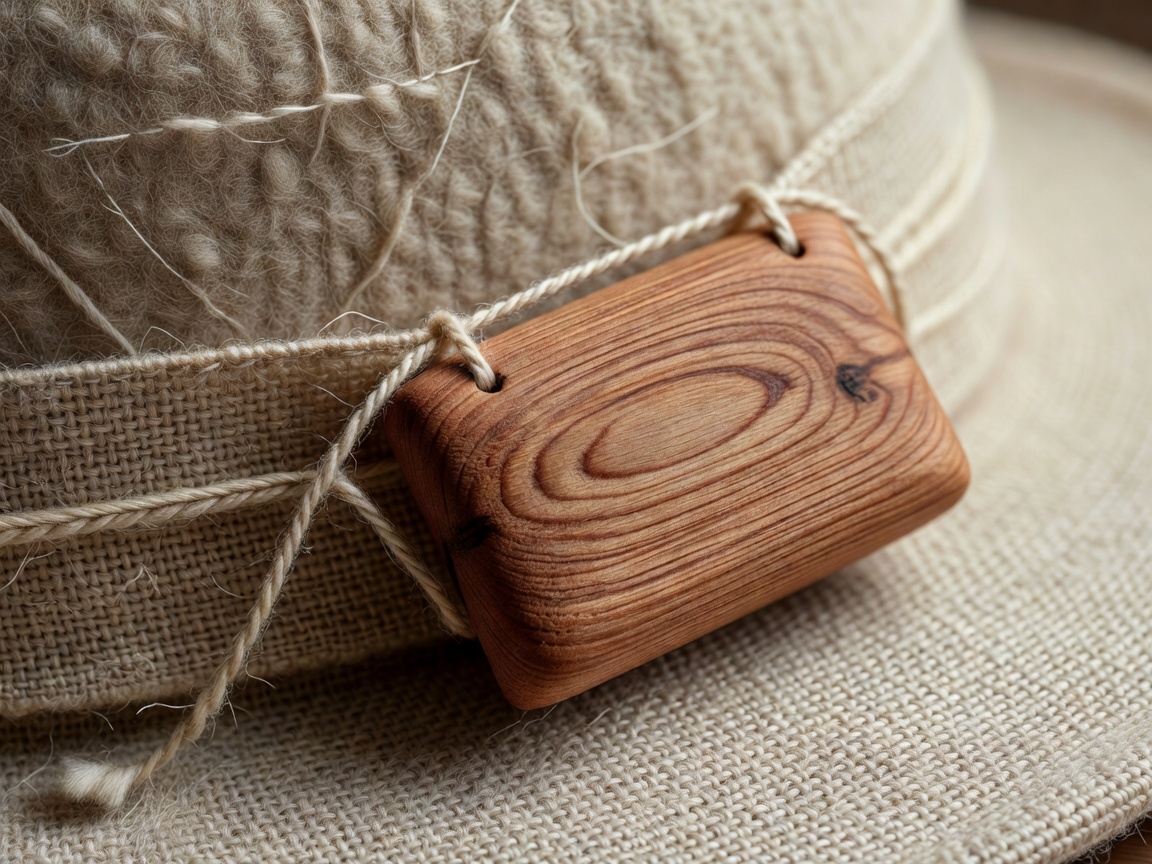 Macro view of linen fibers and cedar wood fragrance pouch attached to couture hat