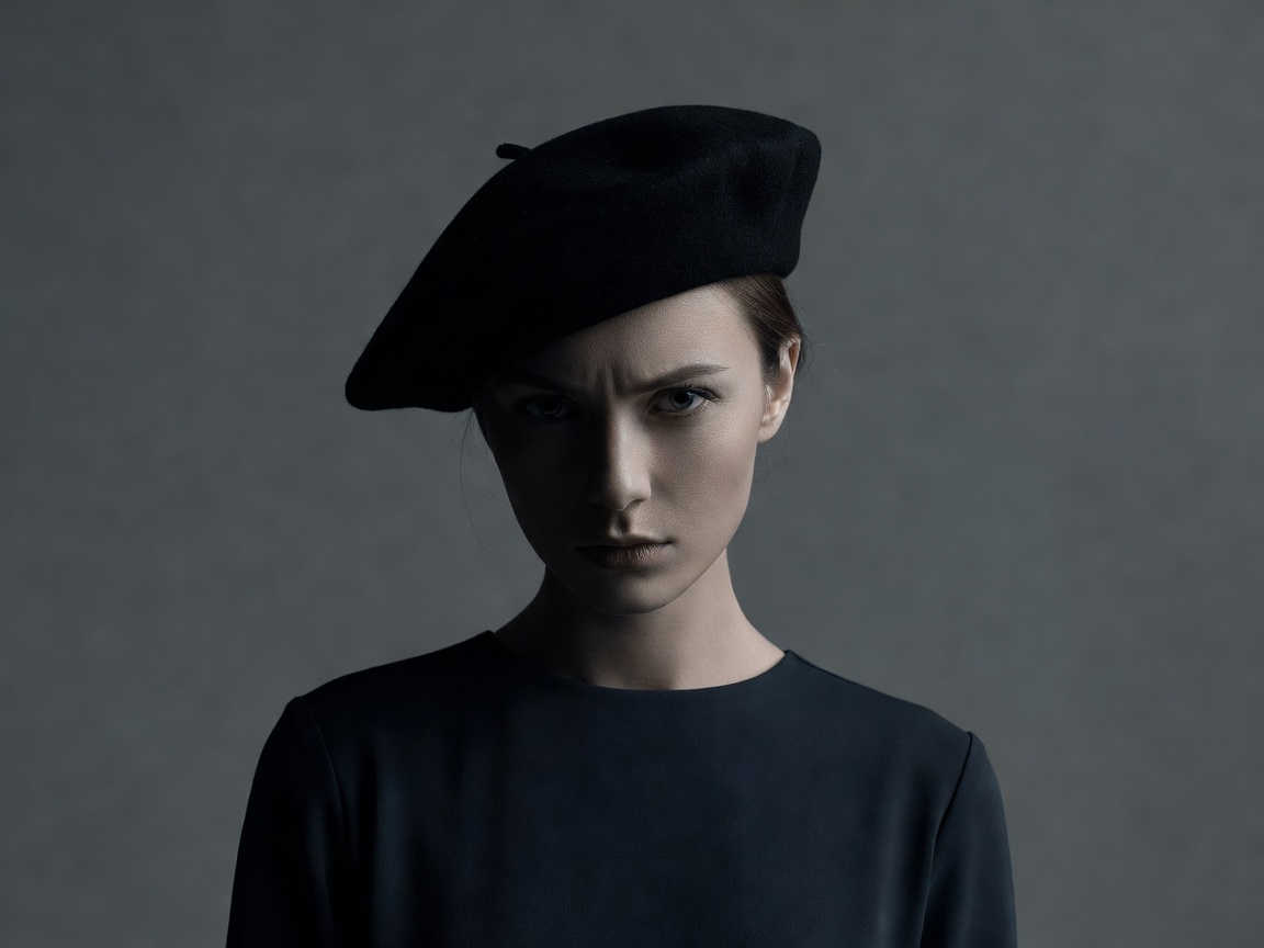 Minimalist moody portrait of model with black beret tilted angle