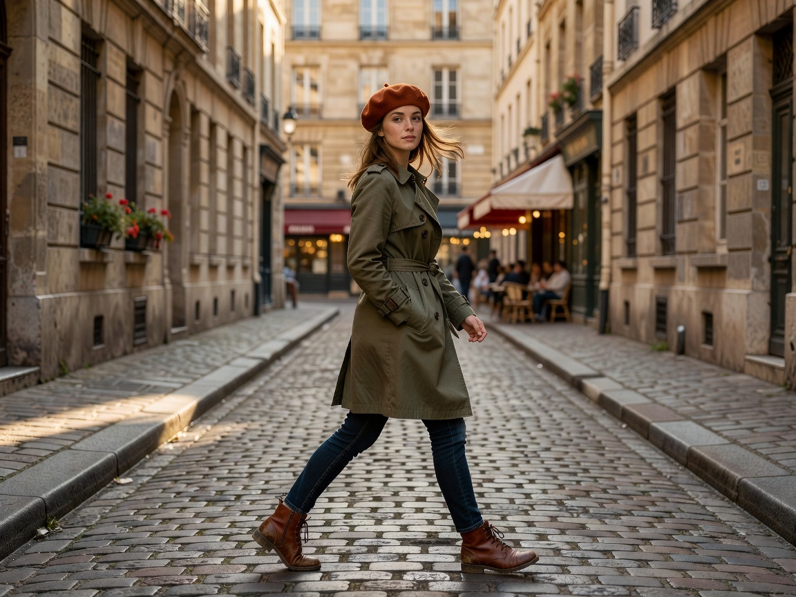 Outdoor candid photograph of model walking along cobblestone streets in Paris with terracotta beret