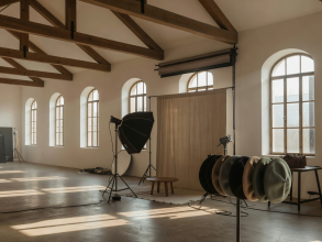 SachetBerets photography studio interior with high ceilings and natural lighting